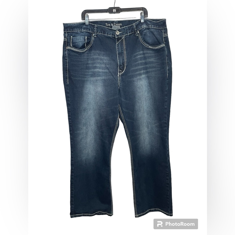 AXE & CROWN | Mens 46 X 32 Slim Bootcut Jeans Thick Stitch Dark Wash